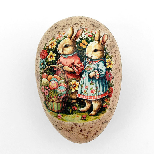 4-1/2" Bunnies with Egg Basket Floral Speckled Egg Paper Mache Easter Egg Box ~ Germany